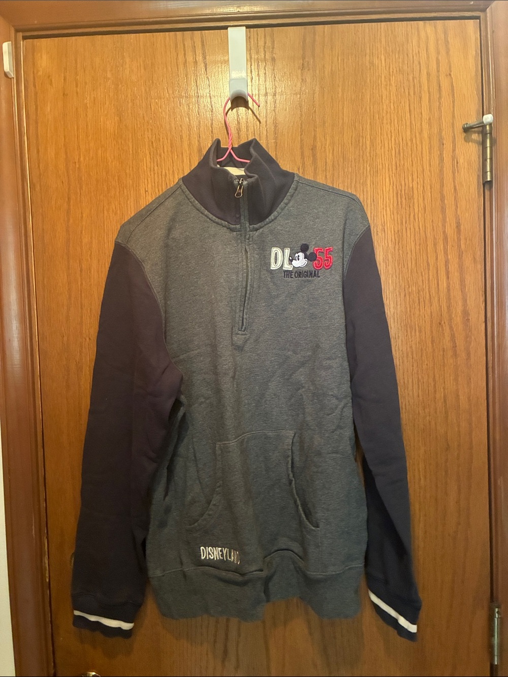 Vintage Disney Men's Gray & Navy Quarter-Zip Sweatshirt with Embroidered Logo